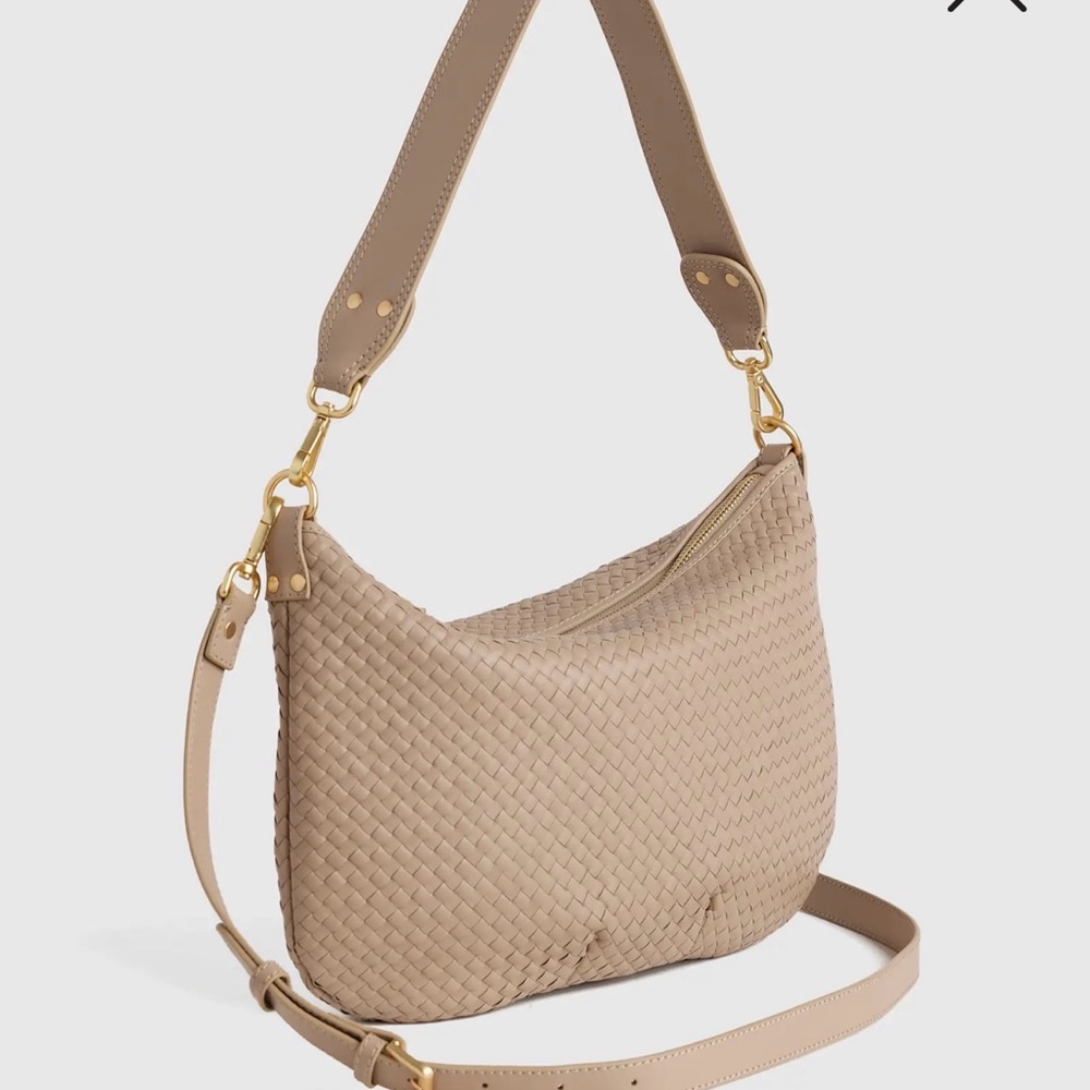 NEW Quince Italian Leather Convertible Crescent Handwoven Shoulder Bag - Taupe - Picture 3 of 12
